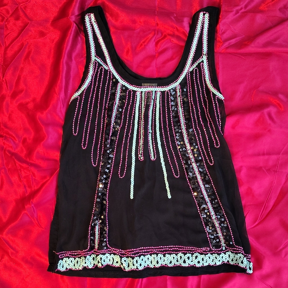 Daytrip Black Tank Top with Pink and Turquoise Sequin Embellishments